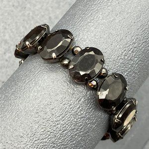 Black Faceted Oval Bracelet As Is Gunmetal Silver Beaded Stretch Retro Soft Girl